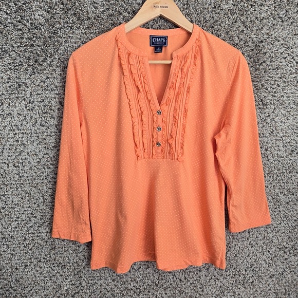 Chaps Top Womens Medium Orange Polka Dot V Neck Ruffle Tee Casual Ladies - Picture 1 of 7